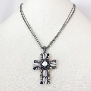 BLV Rhinestone Pearls Beads Cross Pendant Dbl Chain Statement Necklace Religious